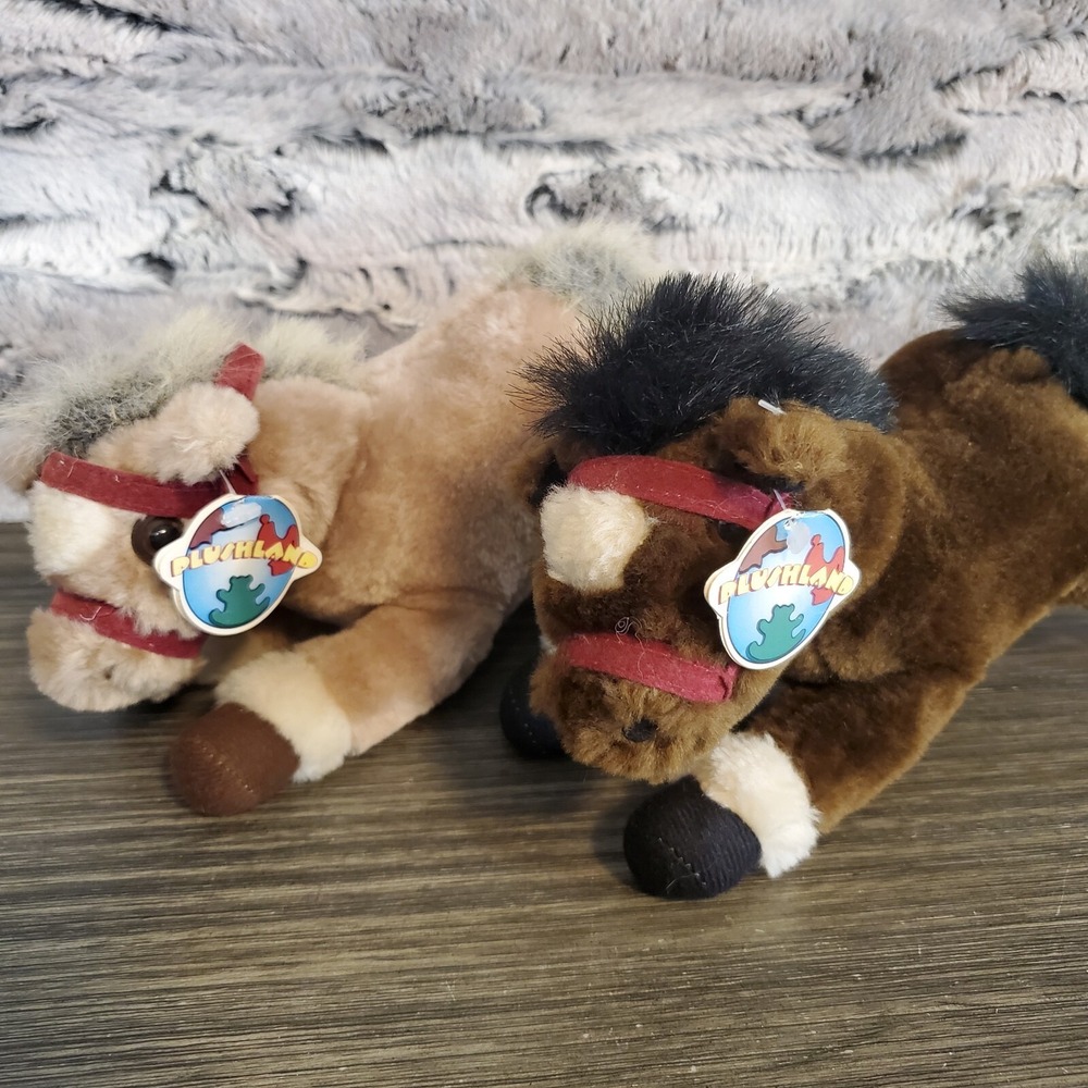 Plushland Pony Plush Horse Lot (2) Stuffed Animals Vintage Tan Brown W/Tags